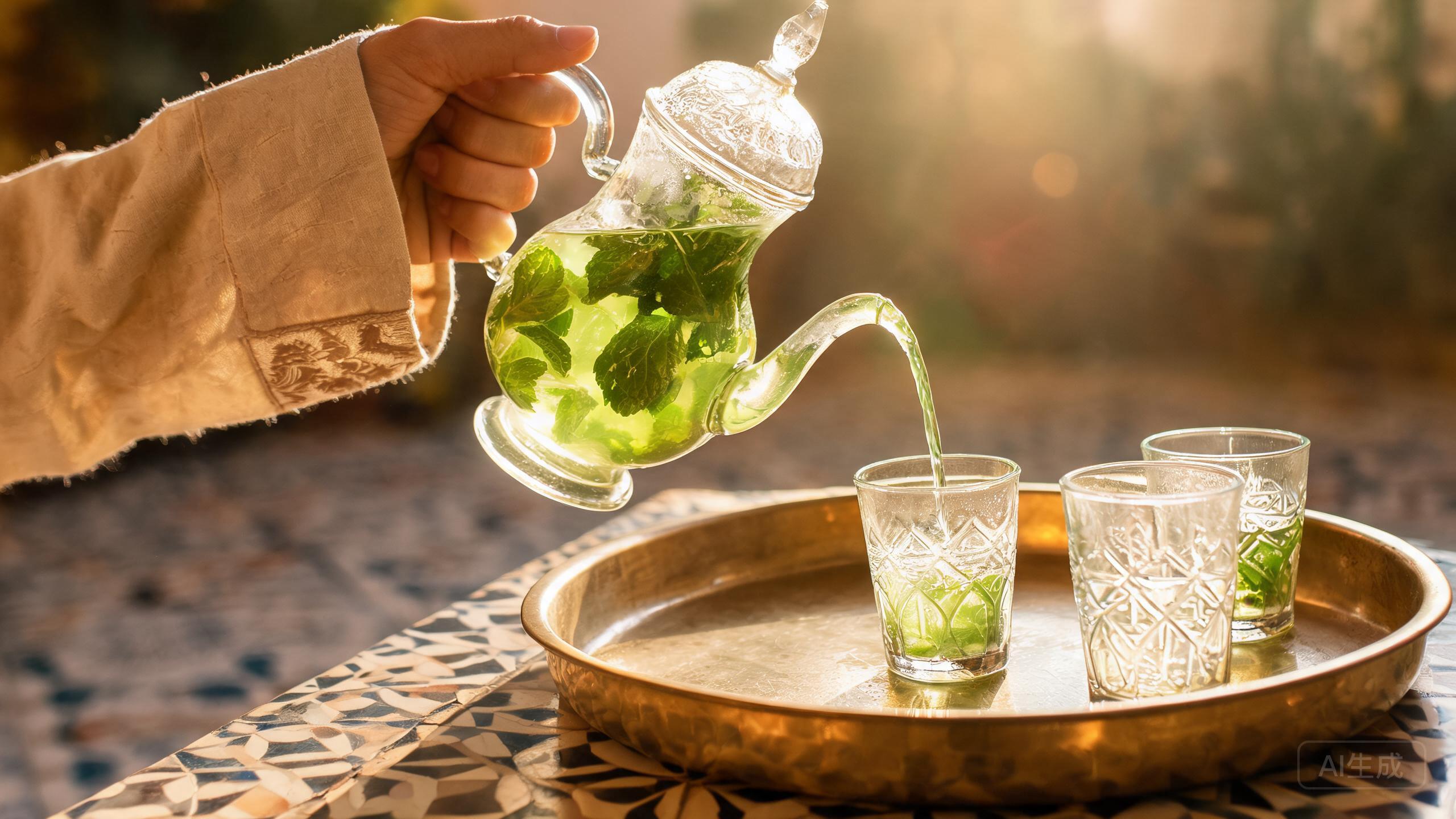 Bright green Moroccan mint tea poured from a glass teapot held high into small glass tea glasses