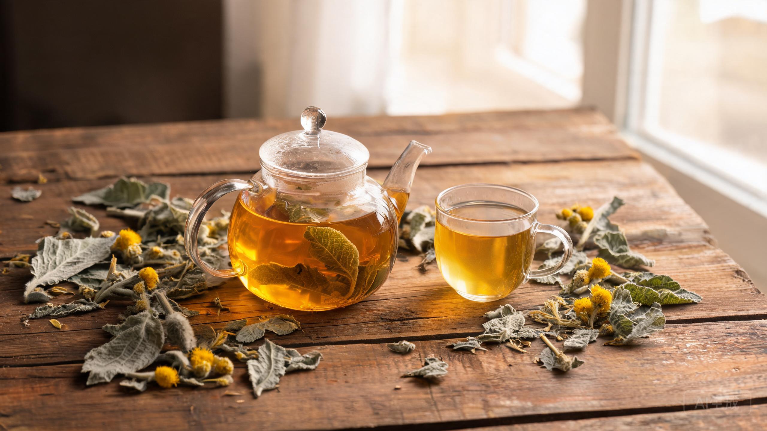 Pale golden mullein tea in a clear glass teapot with dried mullein leaves and yellow mullein flowers