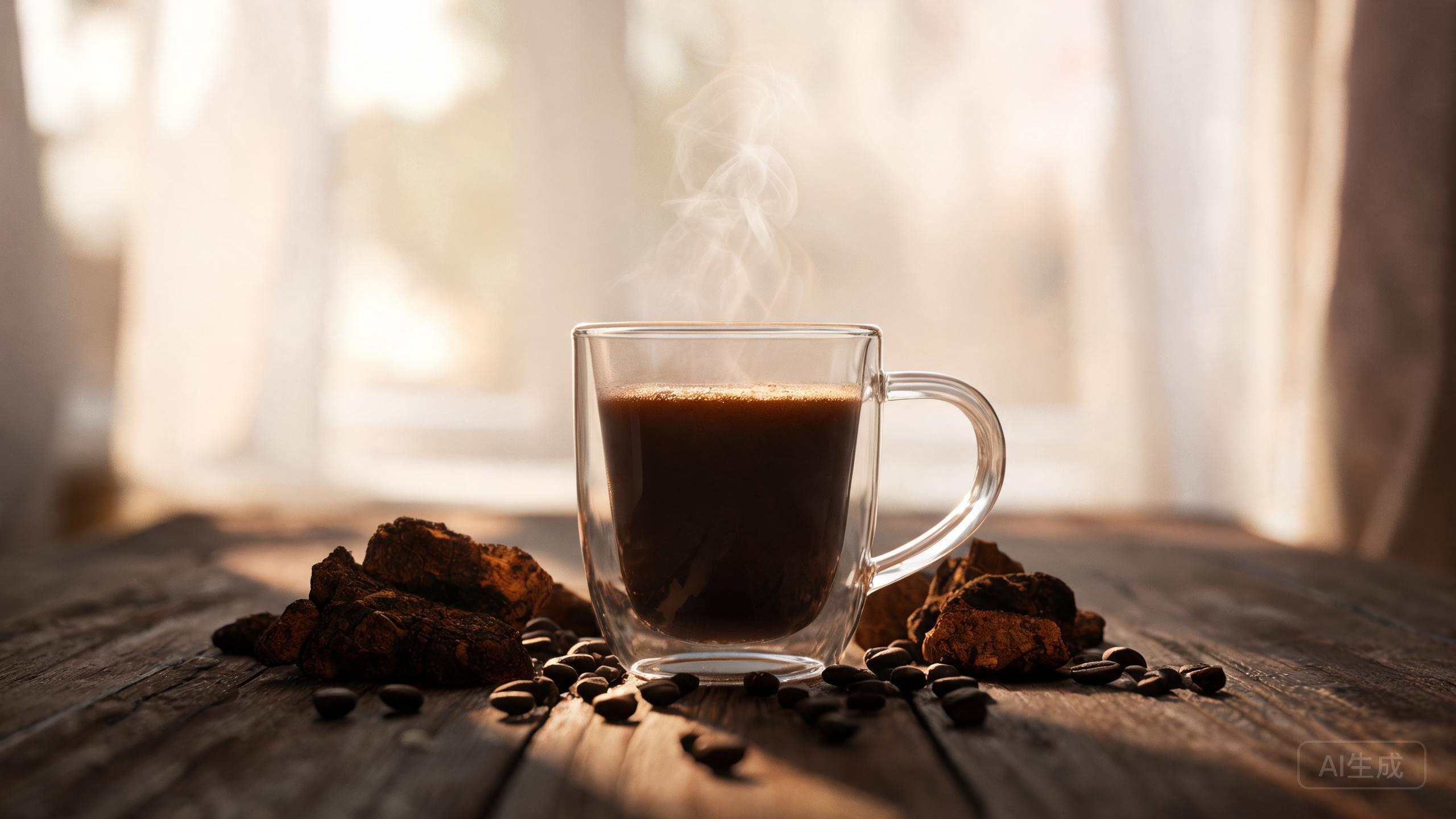 Dark mushroom coffee poured into a double walled glass mug with dried mushrooms and coffee beans on a wooden table