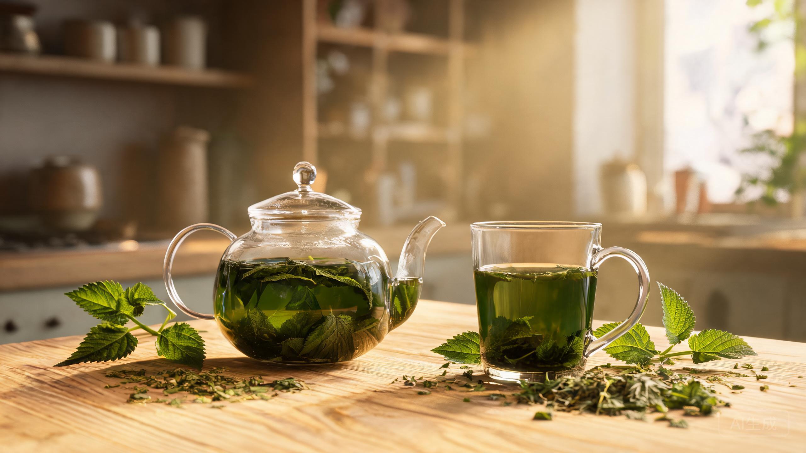 Deep green nettle tea with dried nettle leaves in a clear glass teapot, poured into a glass mug