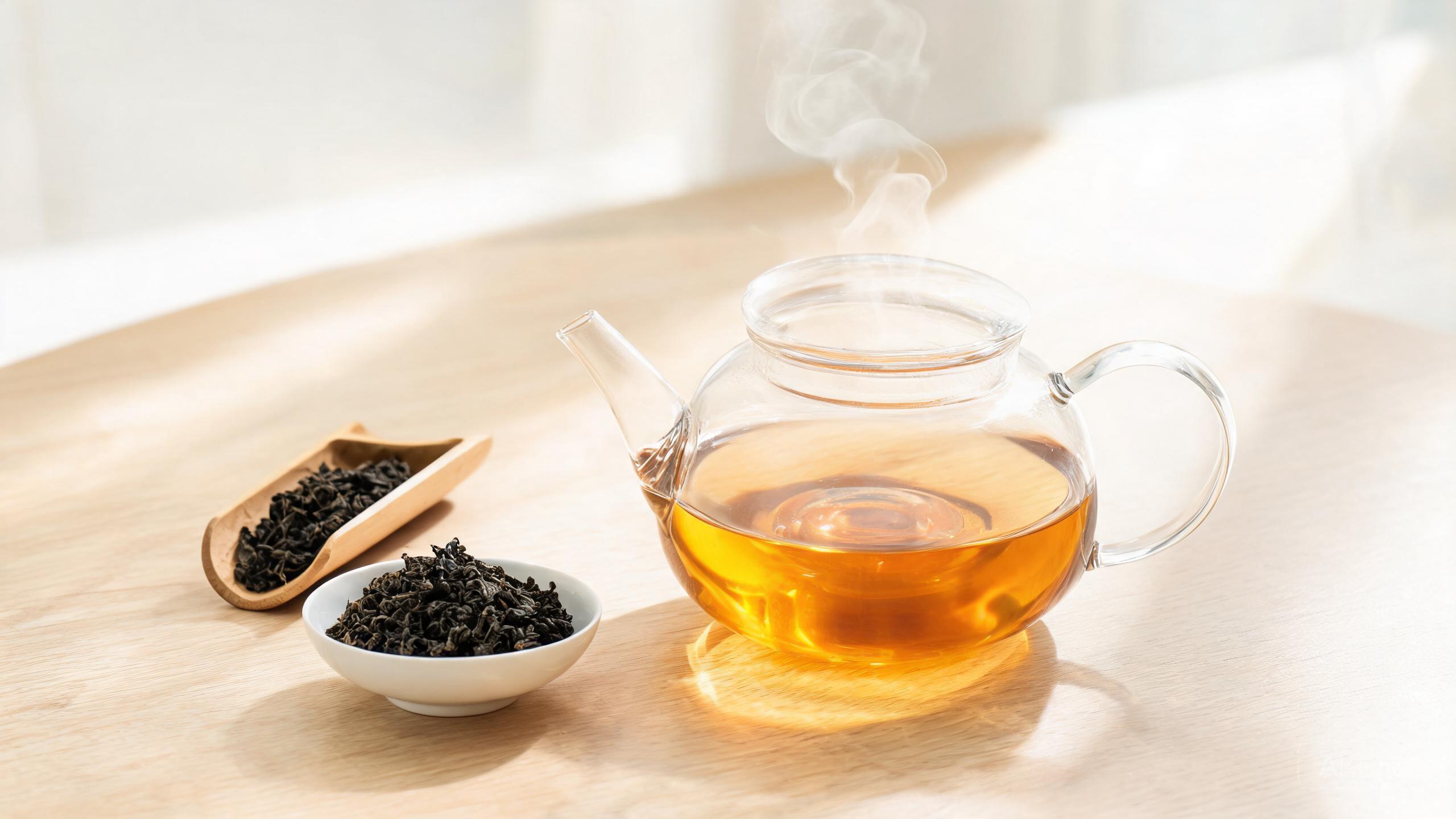 Rolled dark oolong tea leaves and golden-amber oolong tea in a clear glass teapot