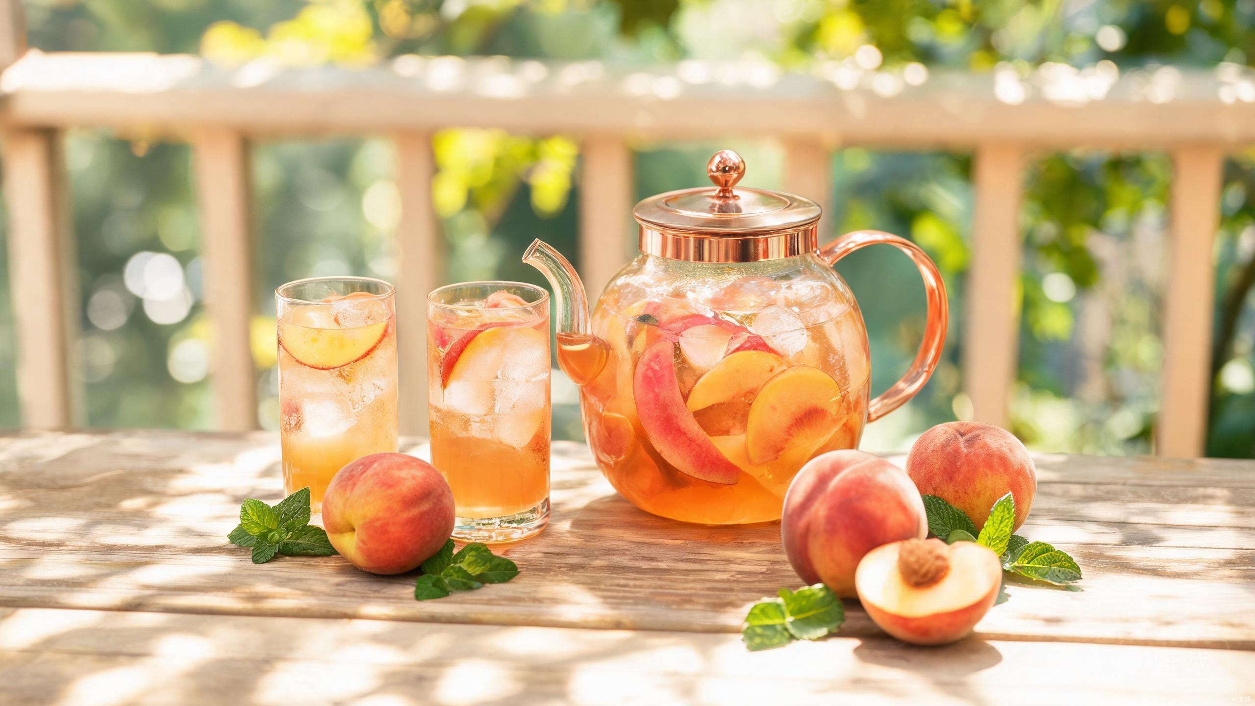Peach iced tea with fresh peach slices in a glass teapot and ice-filled glasses