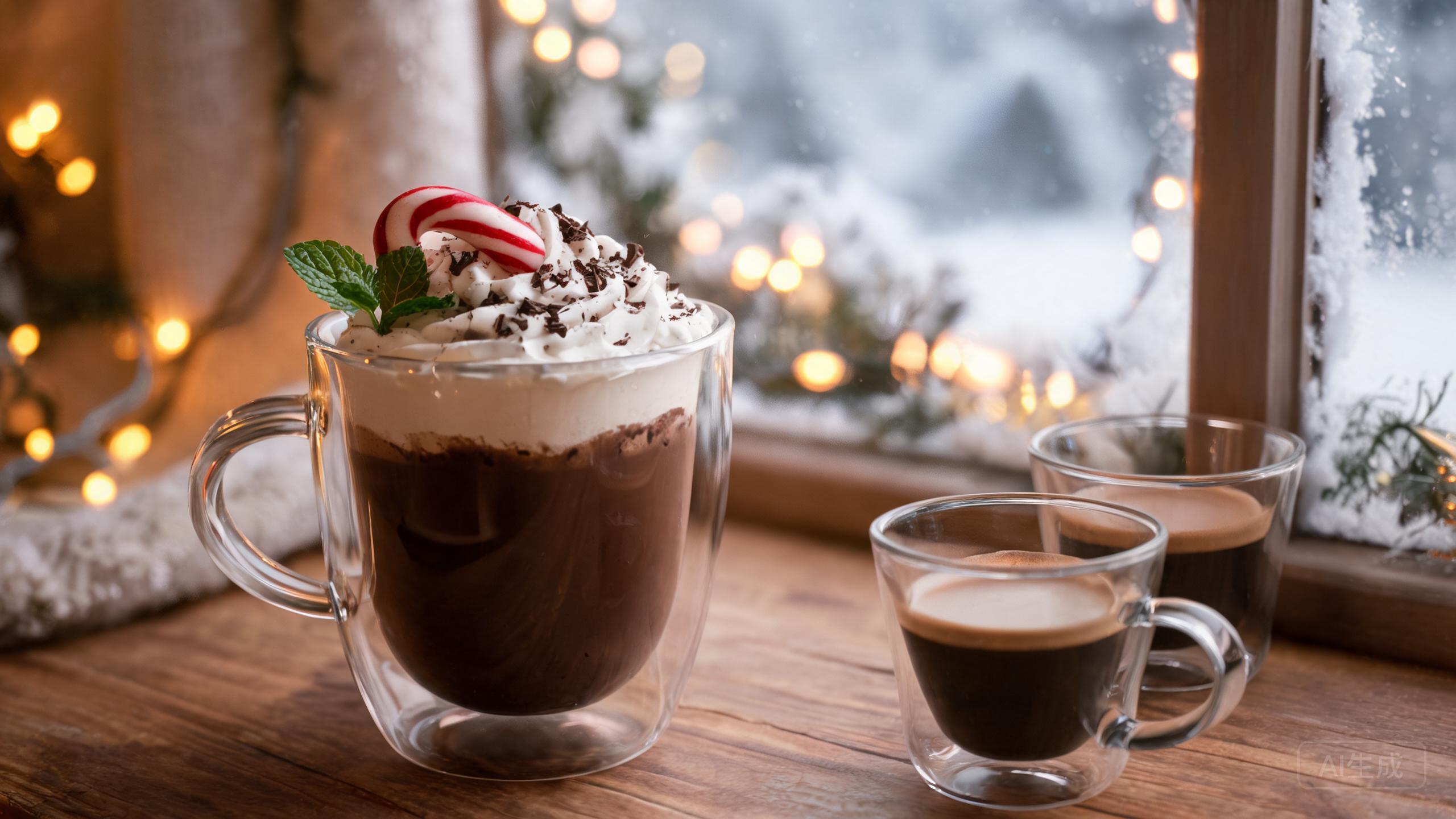 Peppermint mocha topped with whipped cream and a candy cane in a clear double walled glass mug beside espresso cups near a snowy window