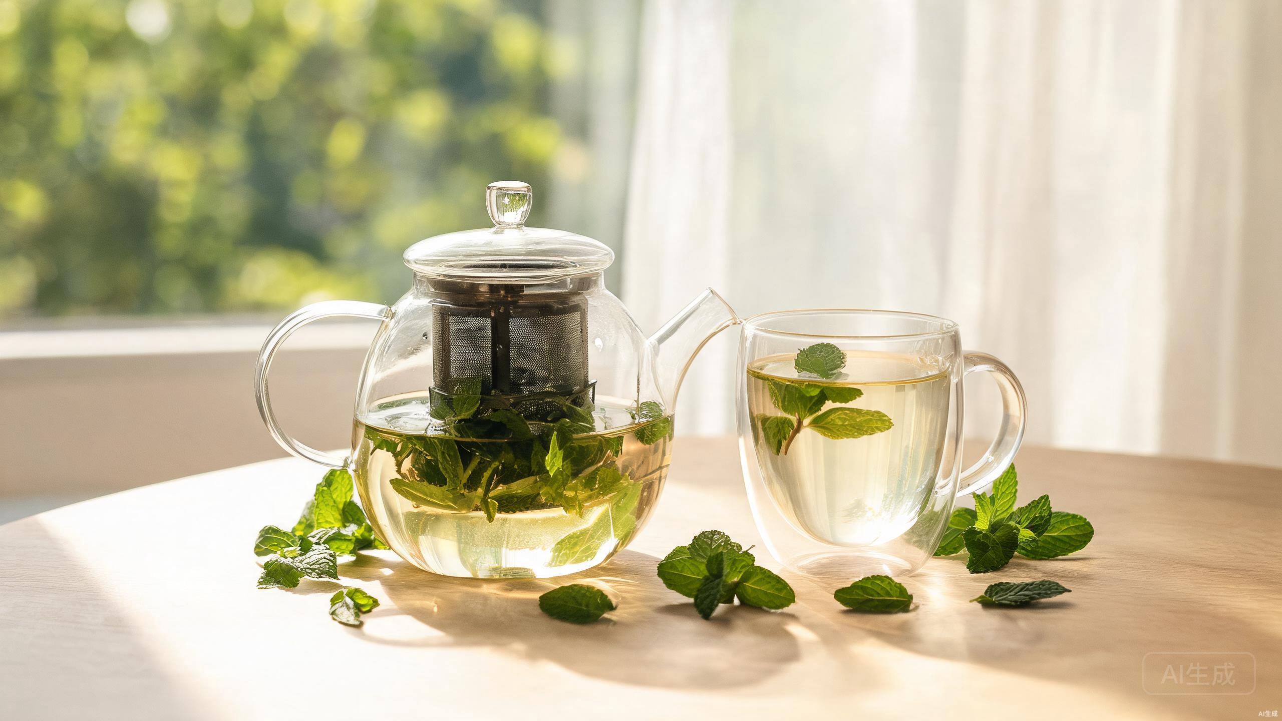 Fresh peppermint tea in a clear glass teapot with mint leaves