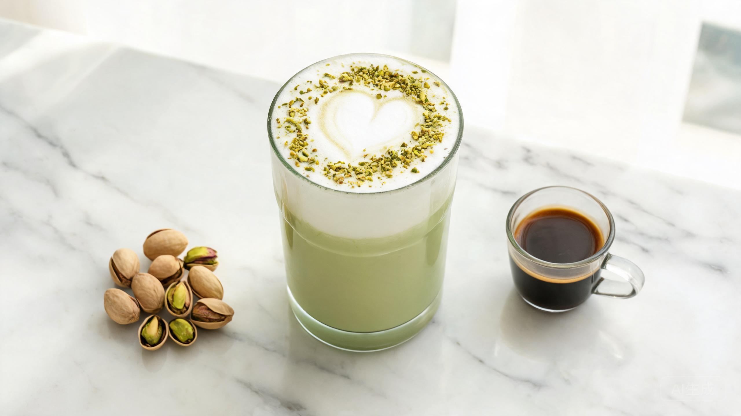 Layered pistachio latte with heart latte art and chopped pistachios in a tall clear glass beside an espresso cup and whole pistachios on marble