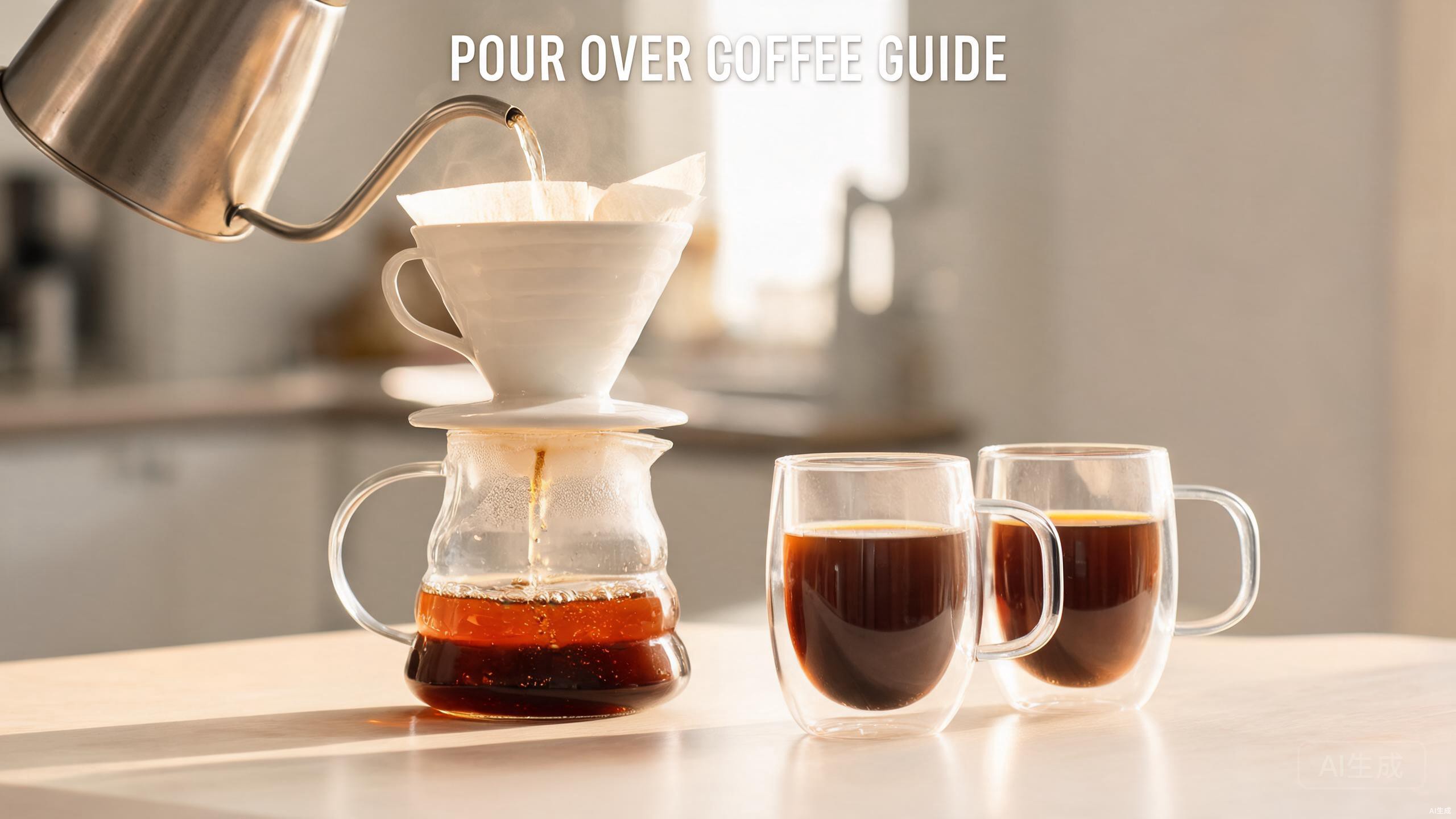 Pour over coffee brewing into a clear glass carafe with double walled glass mugs on the side
