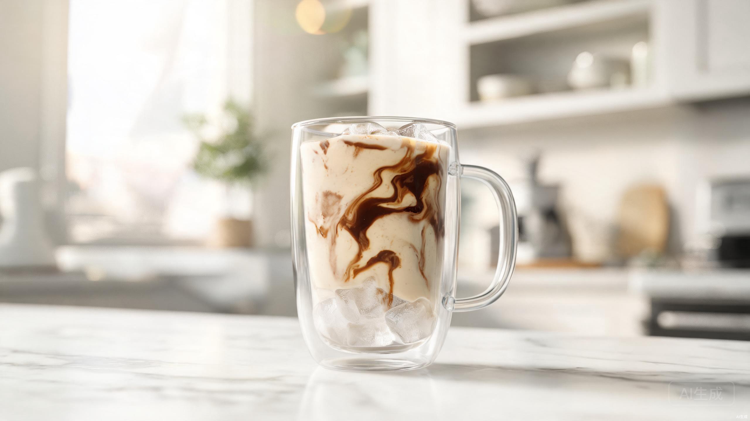 Iced proffee protein coffee with espresso swirl in a double wall glass mug