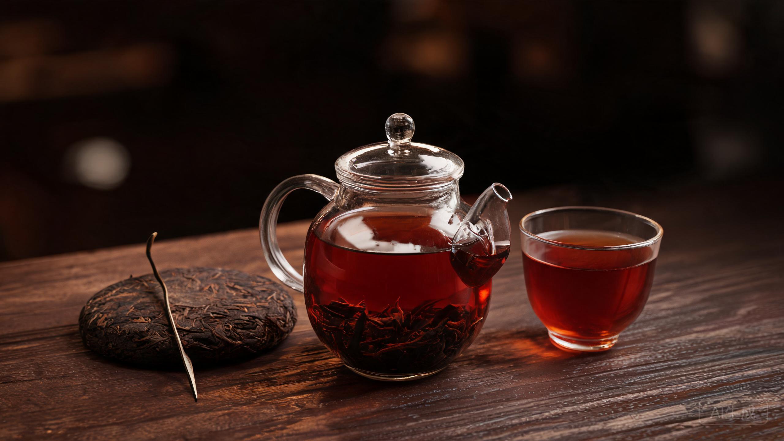 Dark pu-erh tea in a clear glass teapot with a tea cake