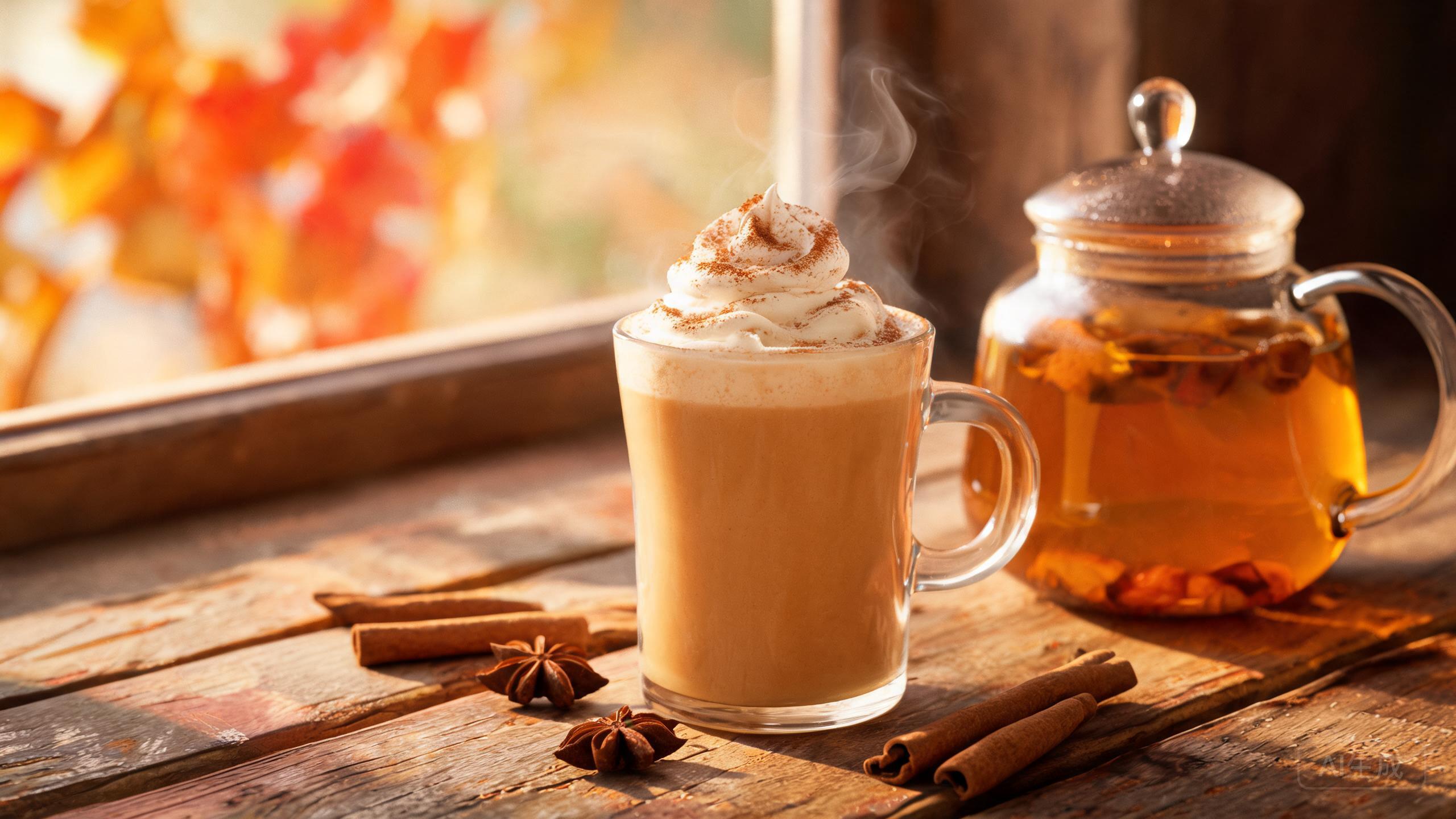 Pumpkin chai latte steaming in a clear glass mug beside a glass teapot of amber chai tea