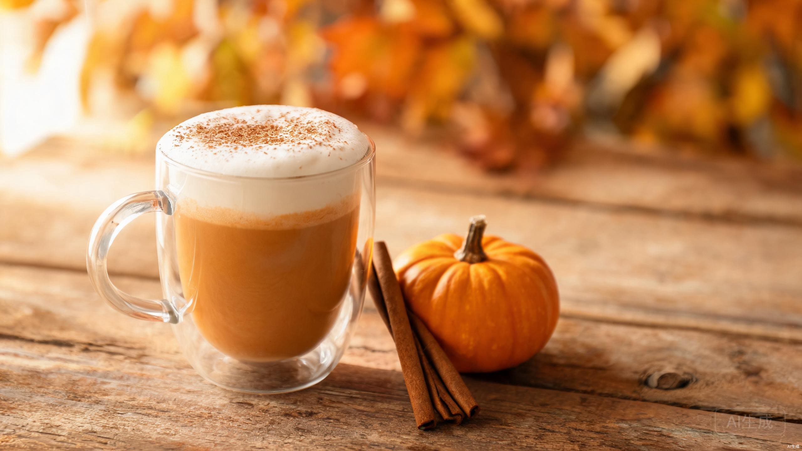 Pumpkin spice latte with foam and cinnamon dusting in a double wall glass mug