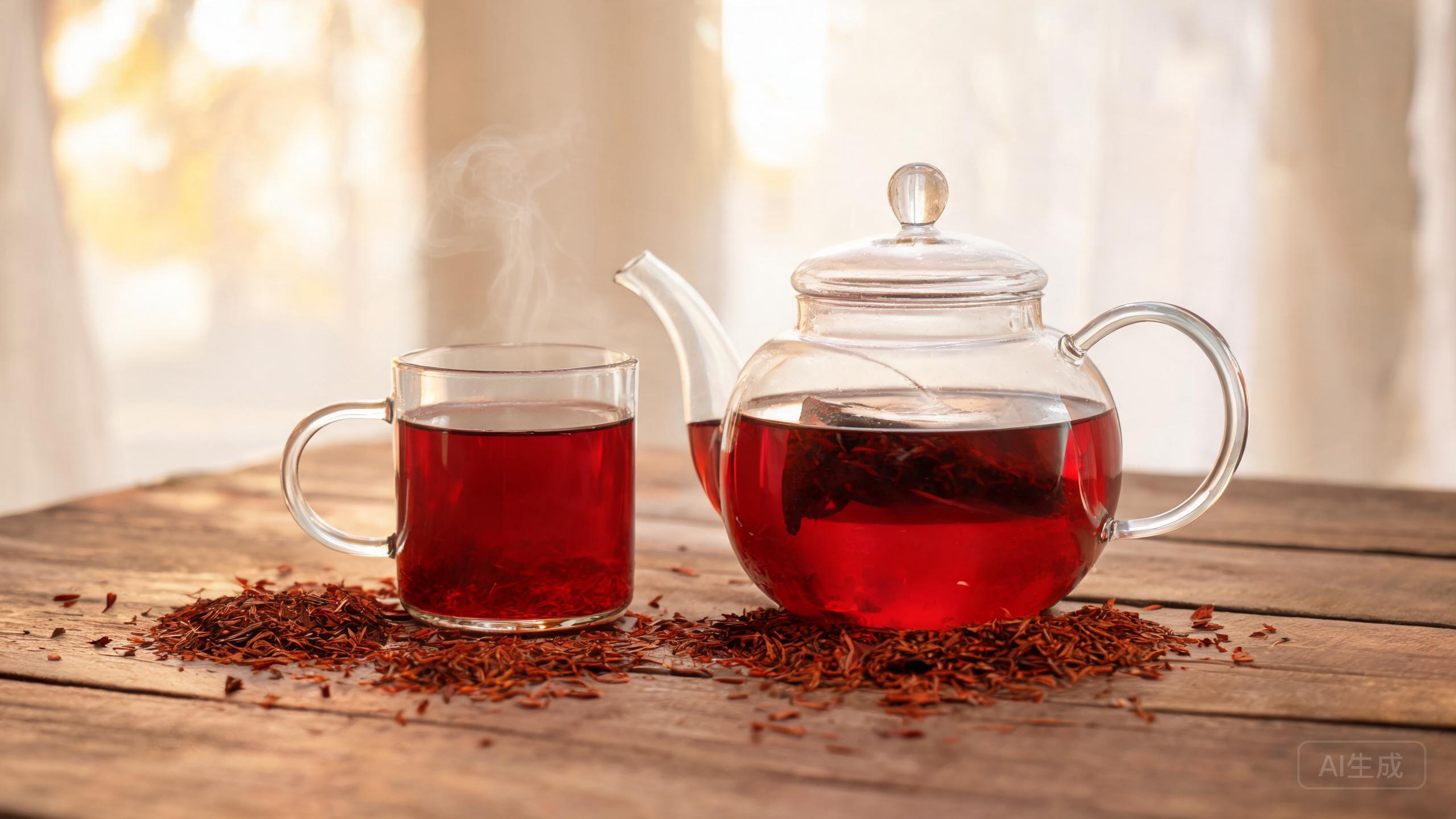 Deep red rooibos tea in a clear glass teapot