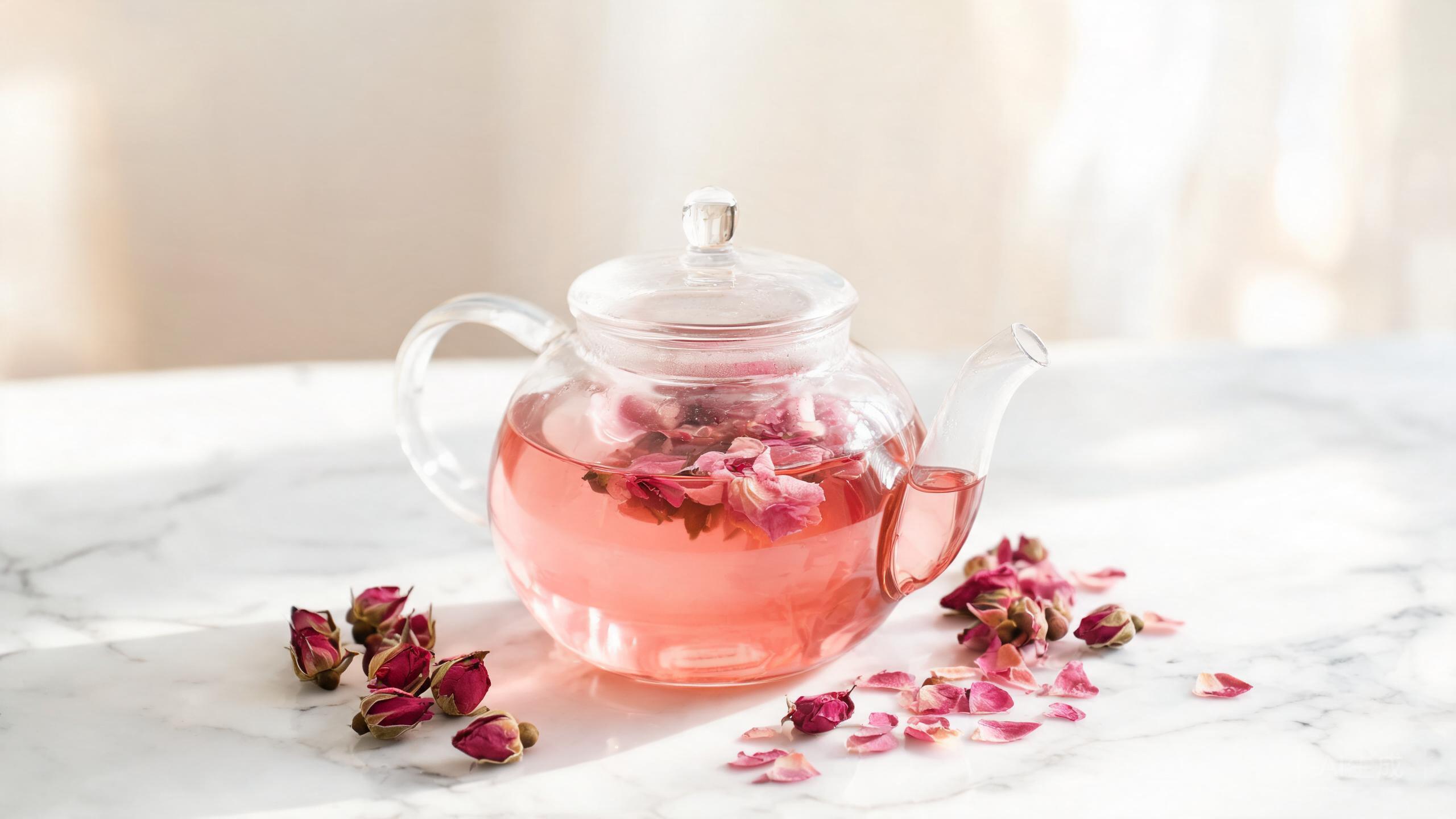 Rose tea with dried pink rose buds unfurling in a clear glass teapot and a blush pink cup of tea with scattered petals
