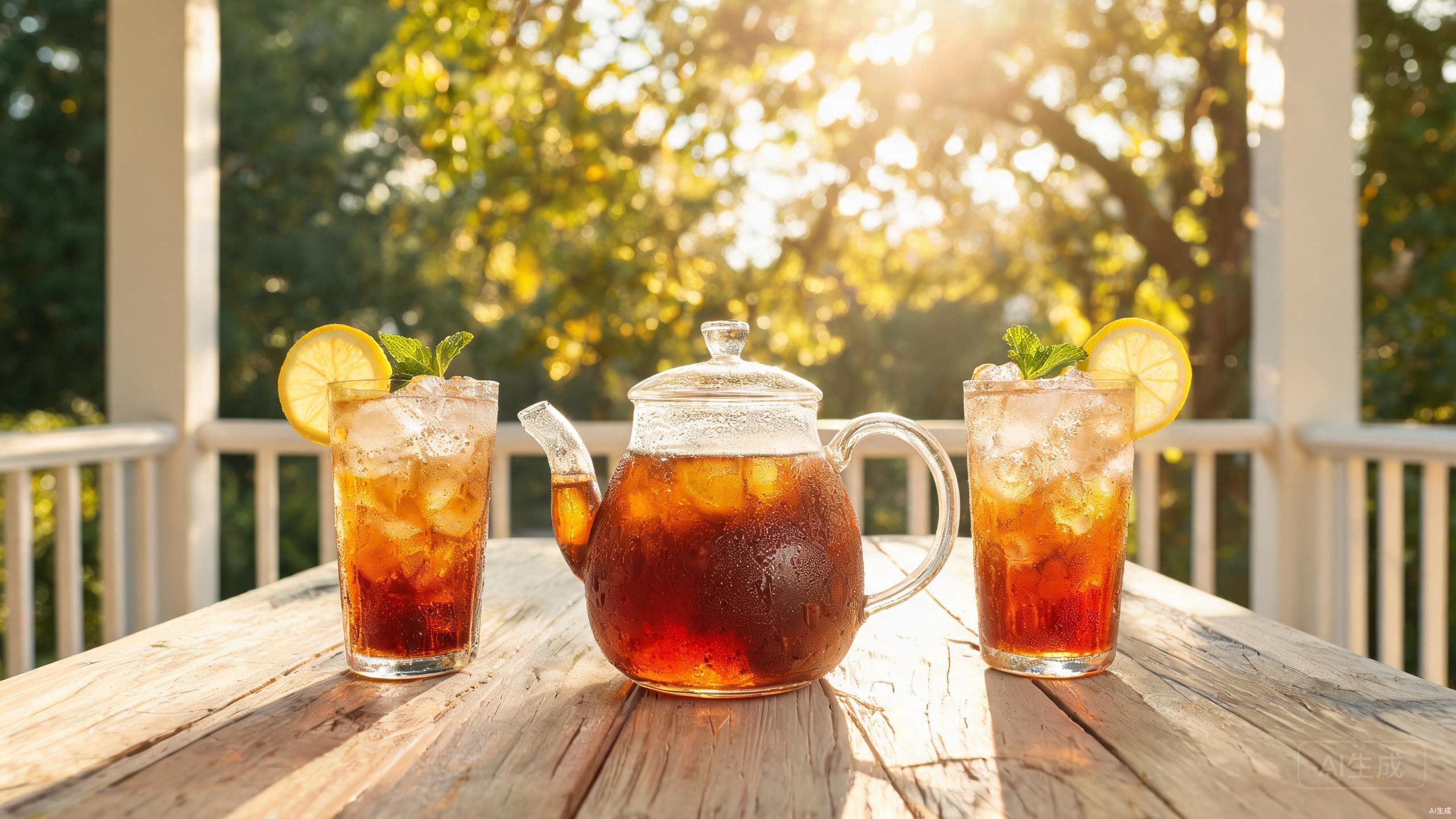 Southern sweet tea in a glass teapot with iced glasses on a sunny porch