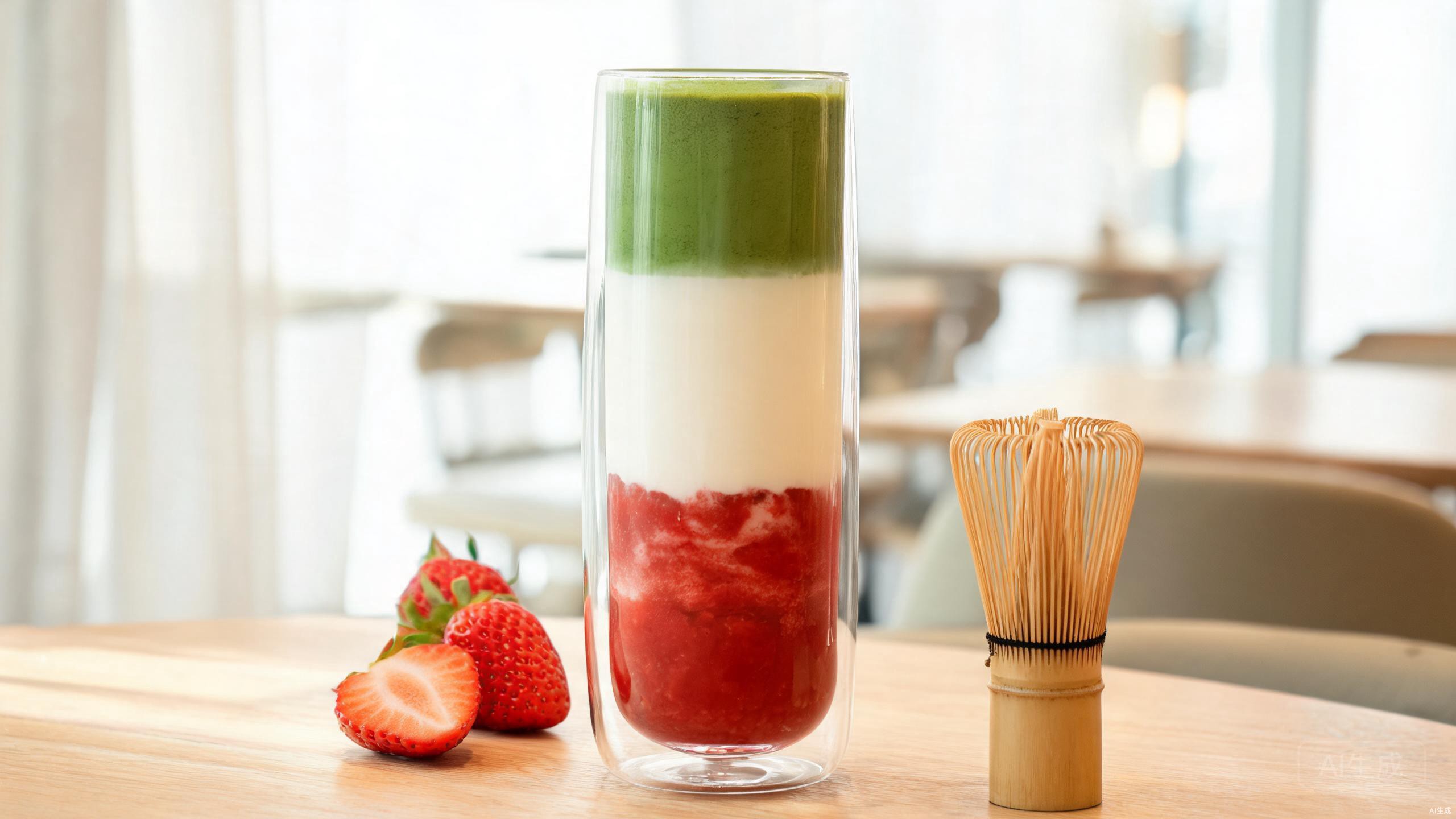 Layered iced strawberry matcha latte in a clear glass