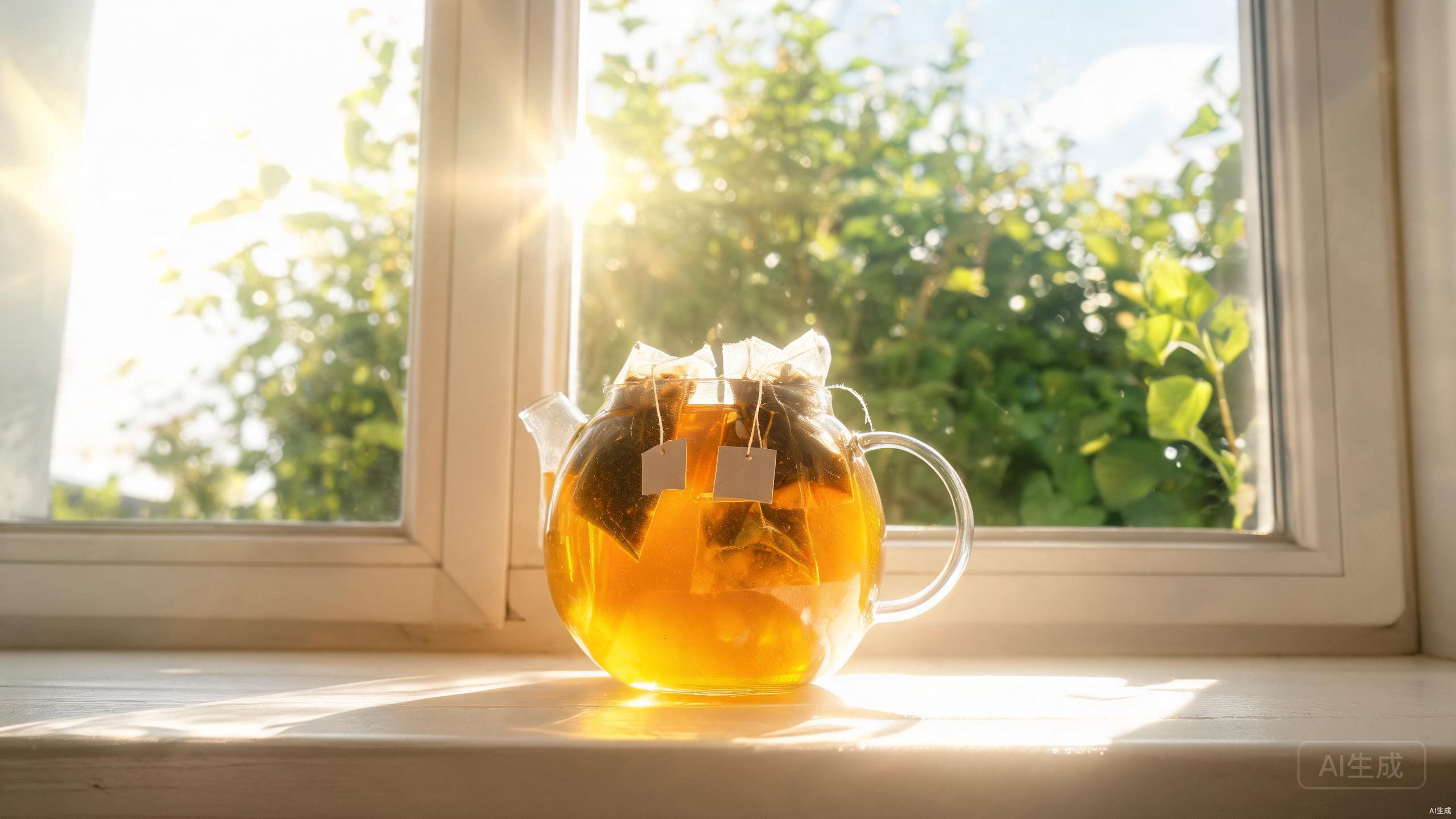 Sun tea brewing in a clear glass teapot on a sunny windowsill