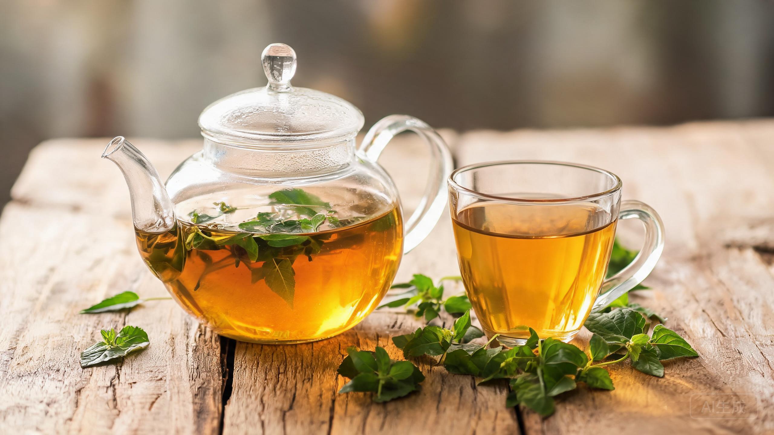 Fragrant green-gold tulsi holy basil tea with fresh tulsi leaves in a clear glass teapot, poured into a glass mug