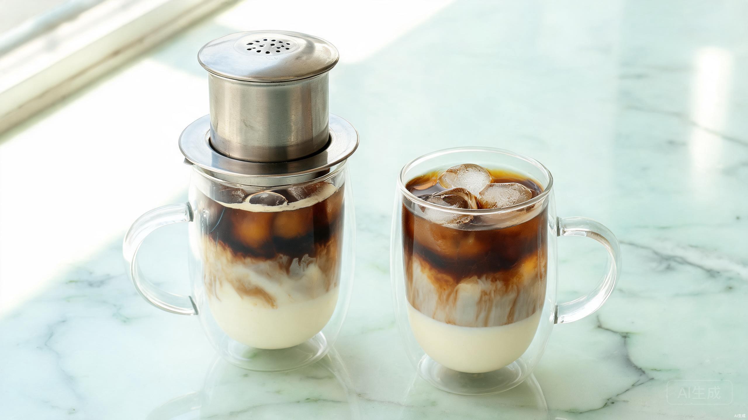 Vietnamese iced coffee in clear double wall glass mugs showing layered condensed milk and dark coffee with ice and a phin filter