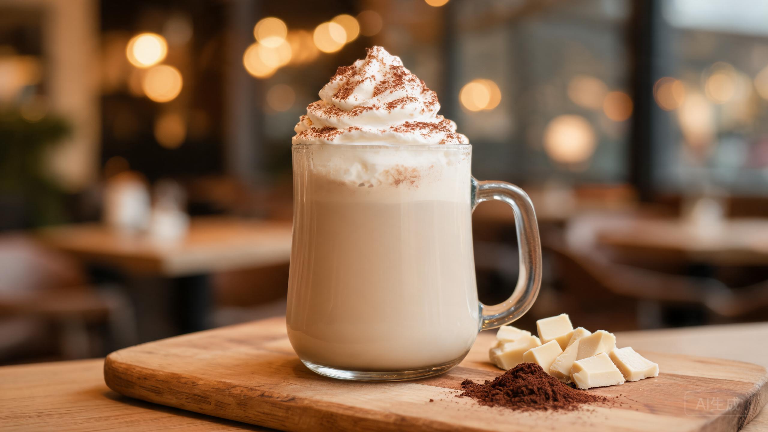 Creamy layered white chocolate mocha with espresso, steamed milk and white chocolate in clear glass double wall mugs
