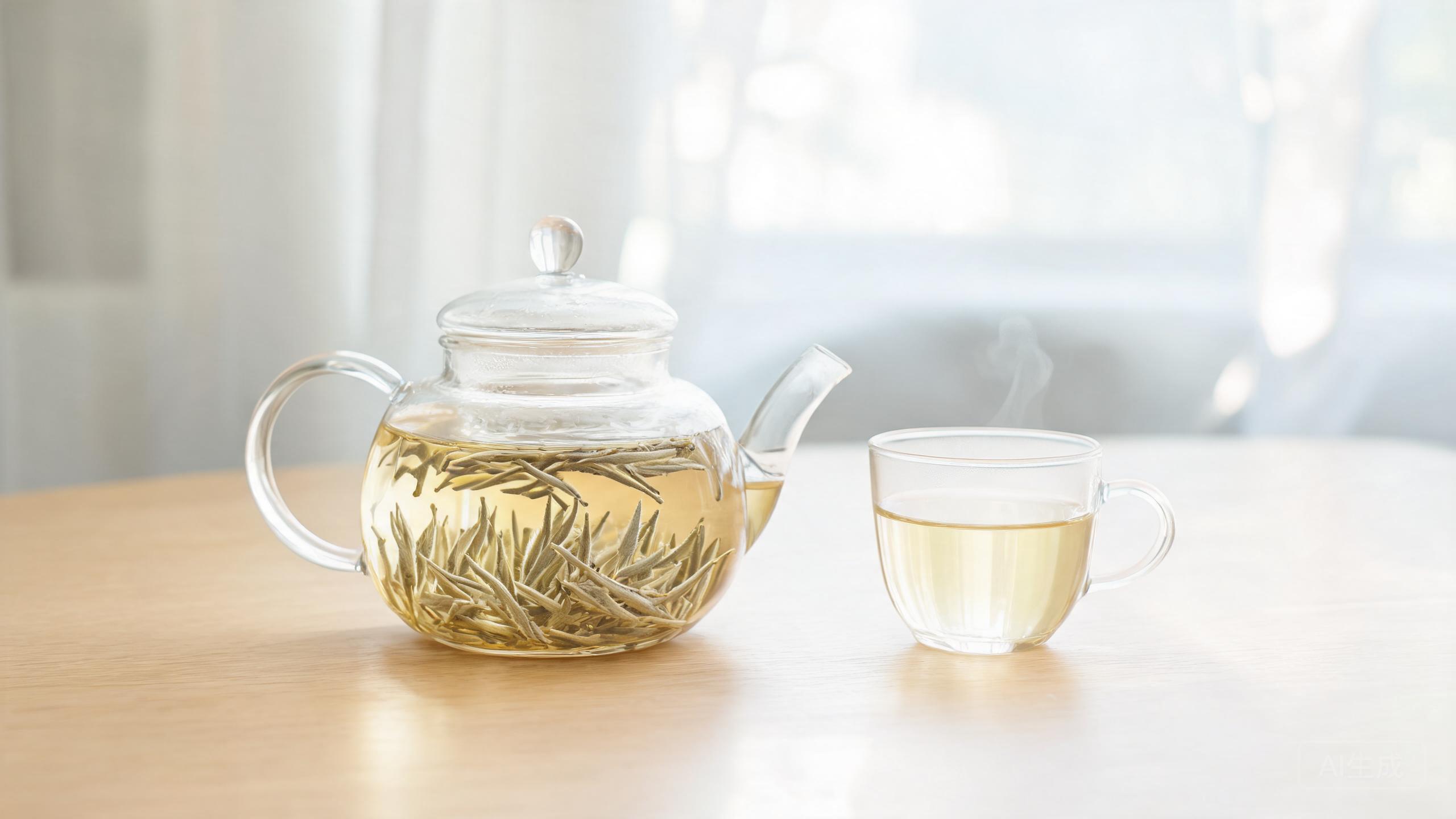 Pale golden white tea with silvery buds in a clear glass teapot