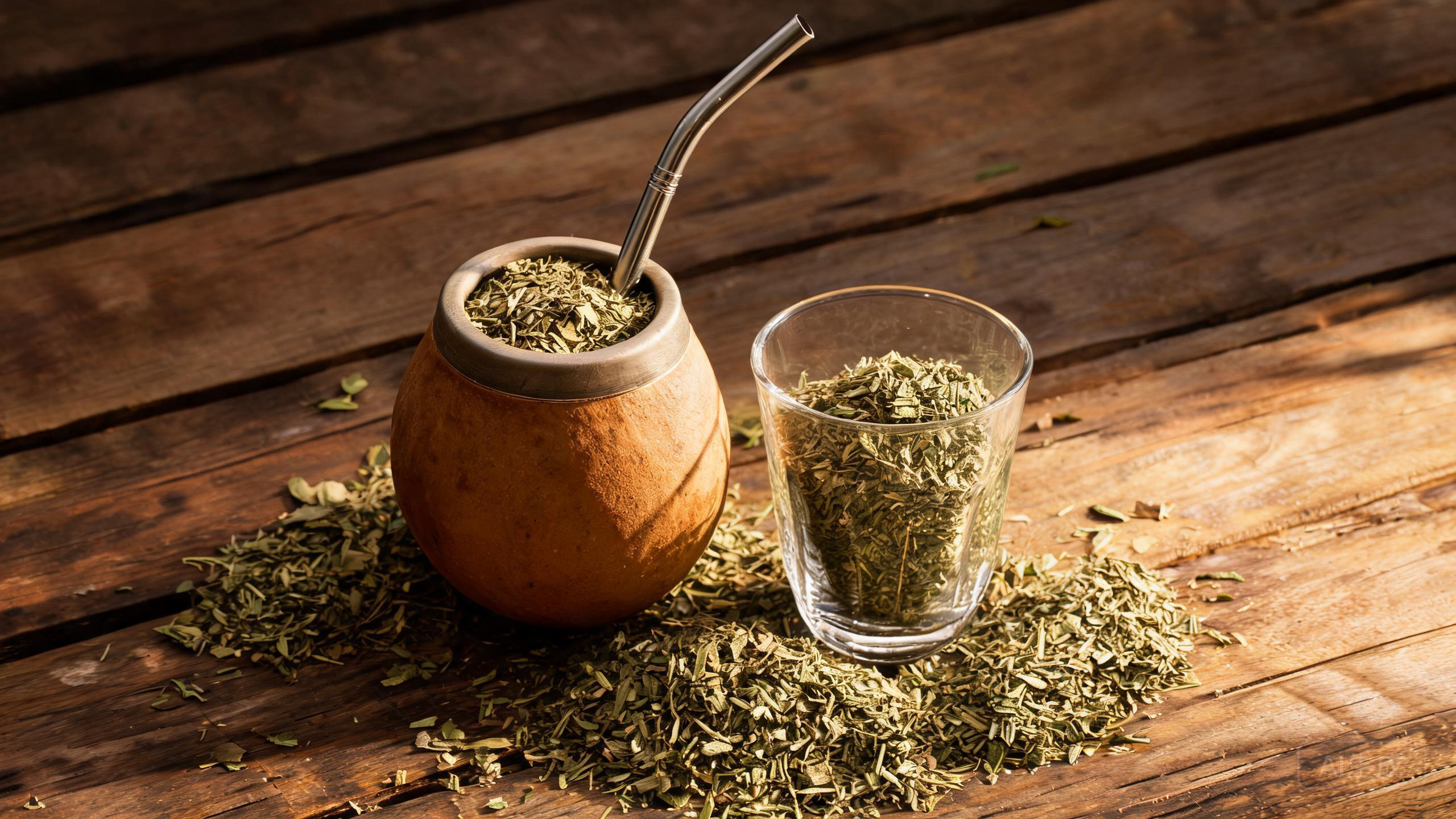 Yerba mate tea in a gourd cup with a silver bombilla straw on a wooden table